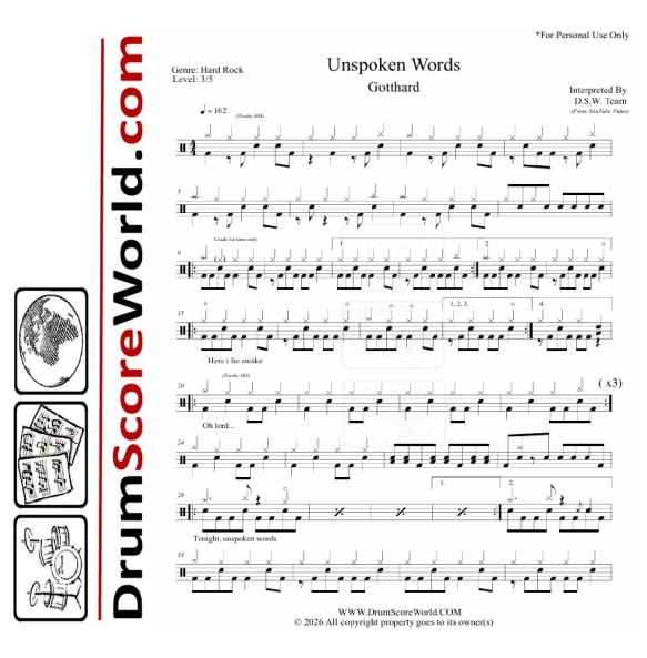 Gotthard – Unspoken Words – Drum Sheet